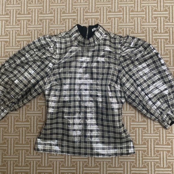 Ganni Metallic Plaid Puff Sleeve Top - Picture 2 of 6